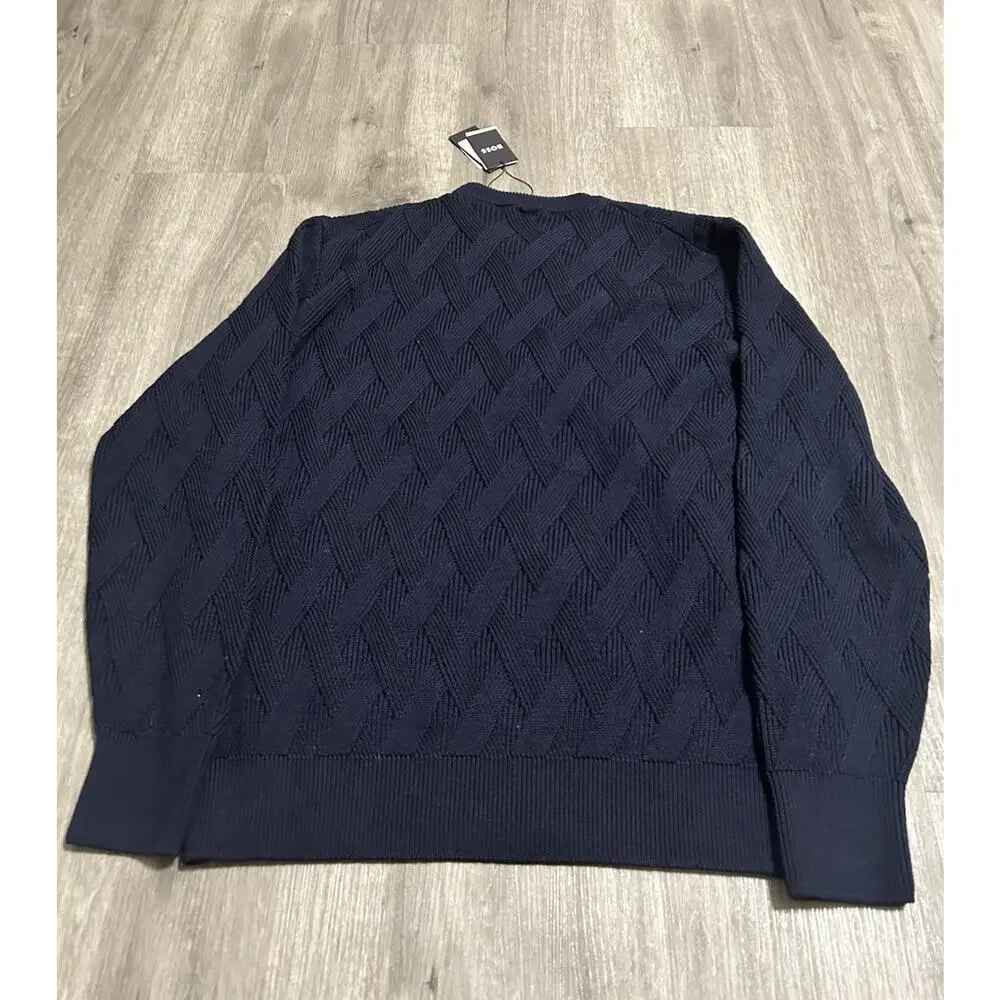 BOSS Hugo Boss Men’s 100% Virgin Wool Textured Crew Neck Sweater Navy L NWT